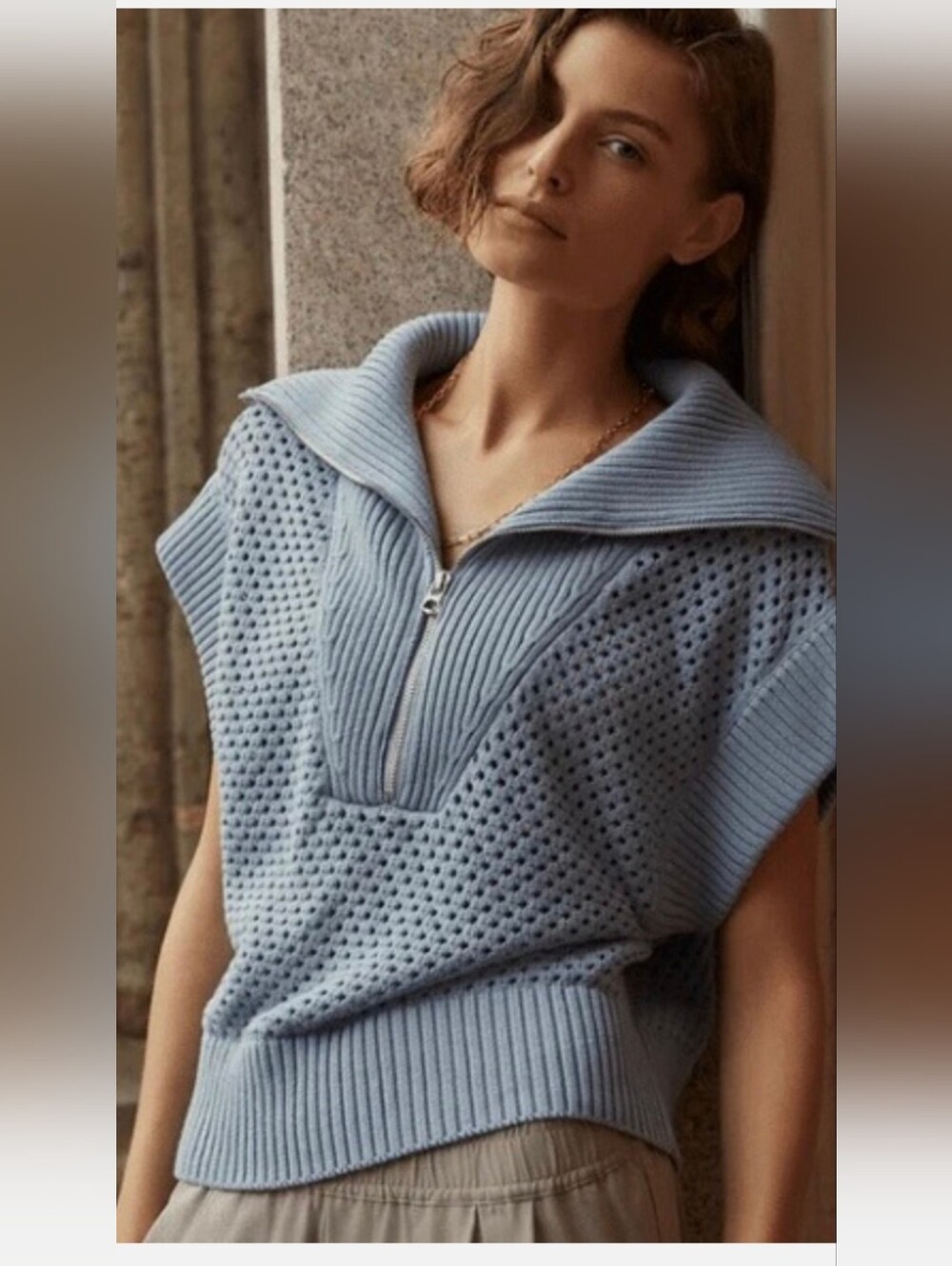 EUC Magaschoni Light Blue Half-Zip Open-Knit Sweater Vest
